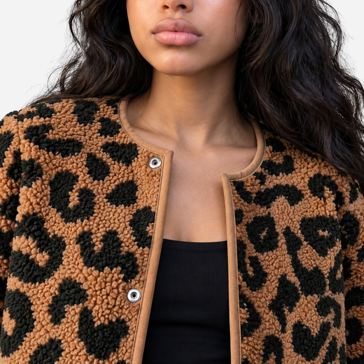 Women’s Leopard-Print Collarless Fleece Jacket-Fowsa