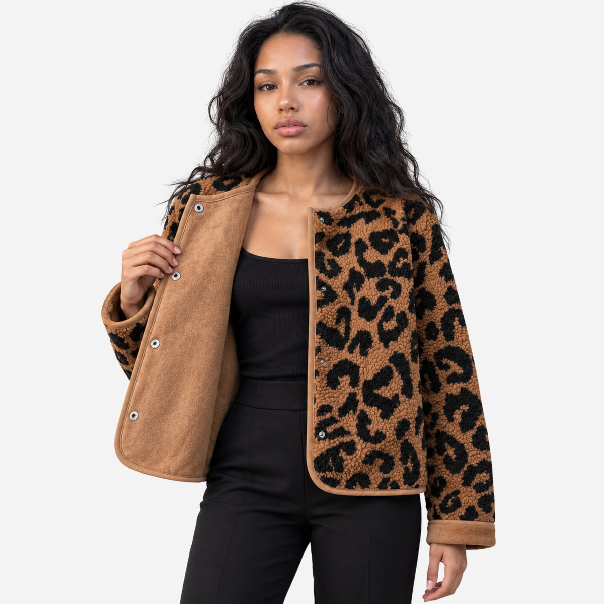 Women’s Leopard-Print Collarless Fleece Jacket-Fowsa