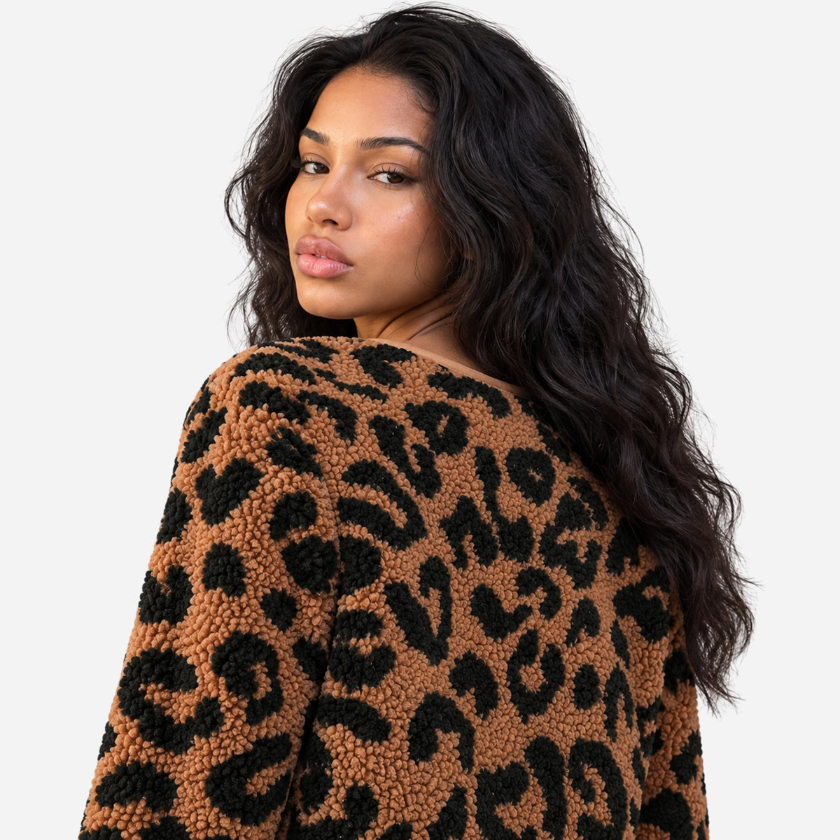 Women’s Leopard-Print Collarless Fleece Jacket-Fowsa