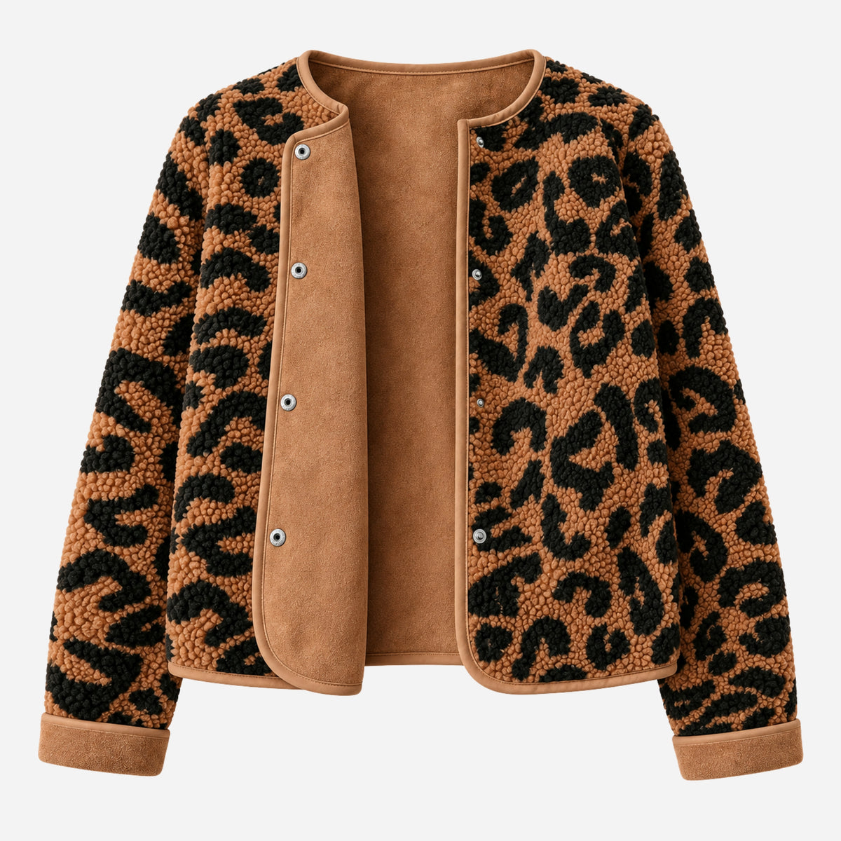 Women’s Leopard-Print Collarless Fleece Jacket-Fowsa