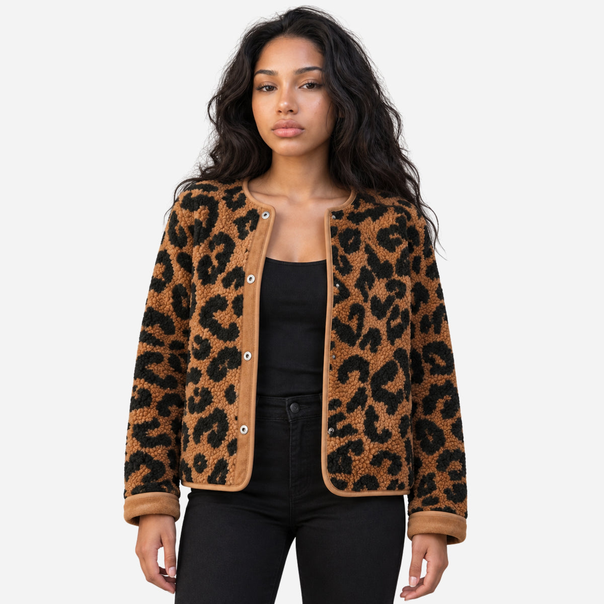Women’s Leopard-Print Collarless Fleece Jacket-Fowsa
