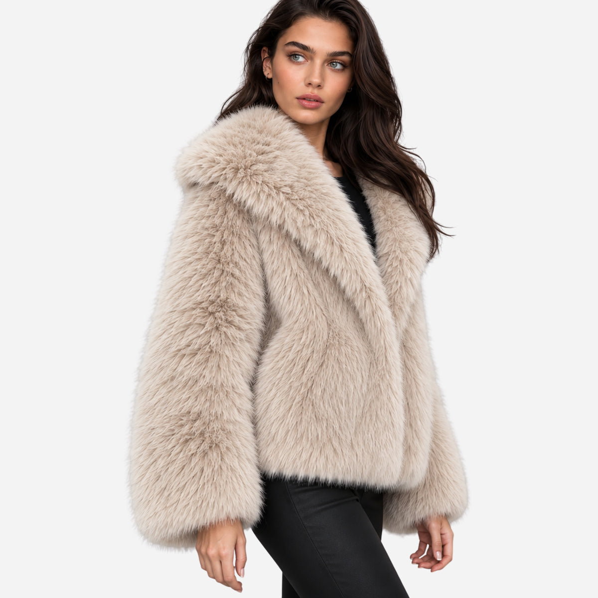 Women’s Long-Pile Wide-Collar Fur Jacket-Fowsa