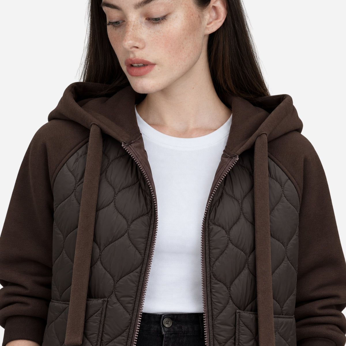 Women’s Mixed-Panel Quilted Hooded Jacket-Fowsa