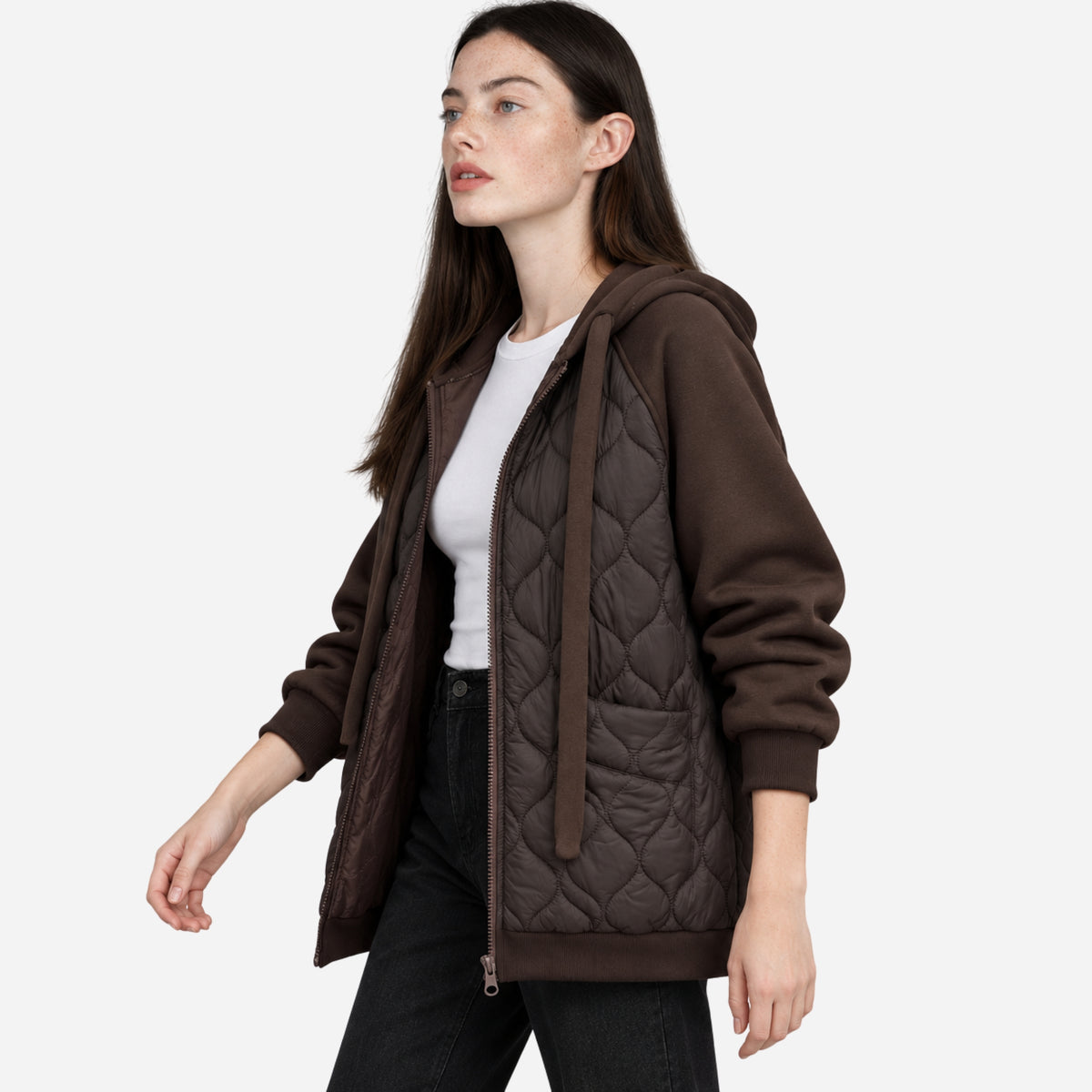 Women’s Mixed-Panel Quilted Hooded Jacket-Fowsa