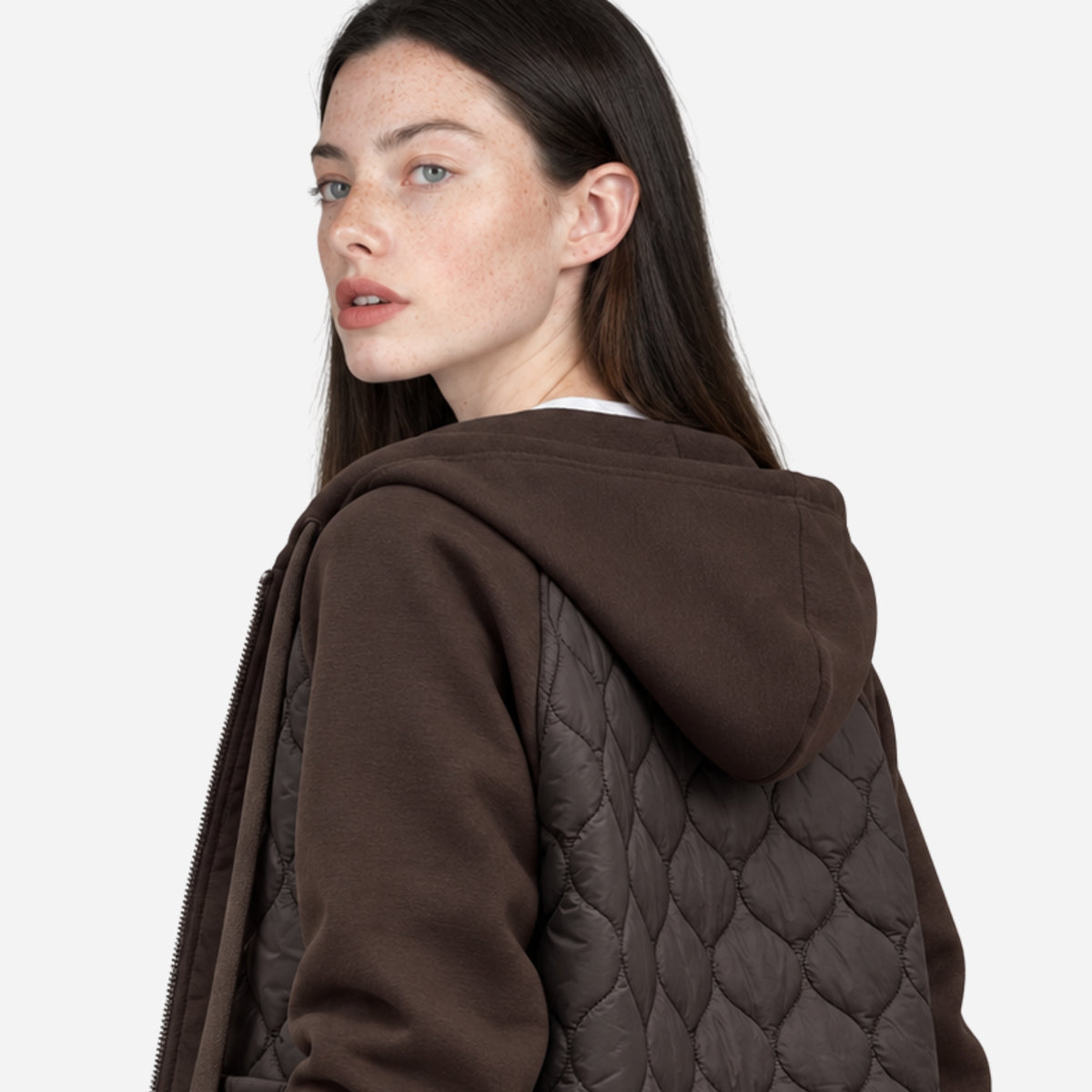 Women’s Mixed-Panel Quilted Hooded Jacket-Fowsa