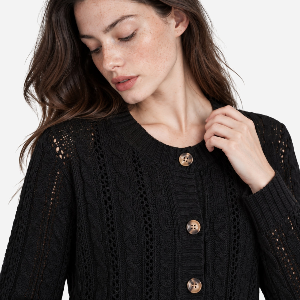 Women’s Openwork Cable-Knit Button Cardigan Jumper-Fowsa