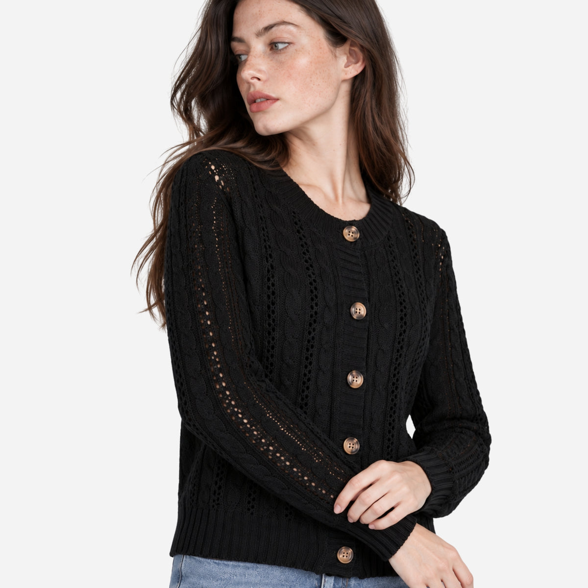 Women’s Openwork Cable-Knit Button Cardigan Jumper-Fowsa