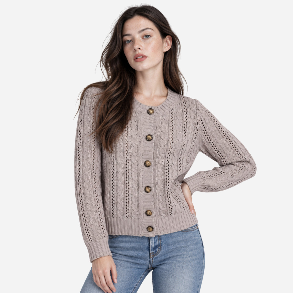 Women’s Openwork Cable-Knit Button Cardigan Jumper-Fowsa