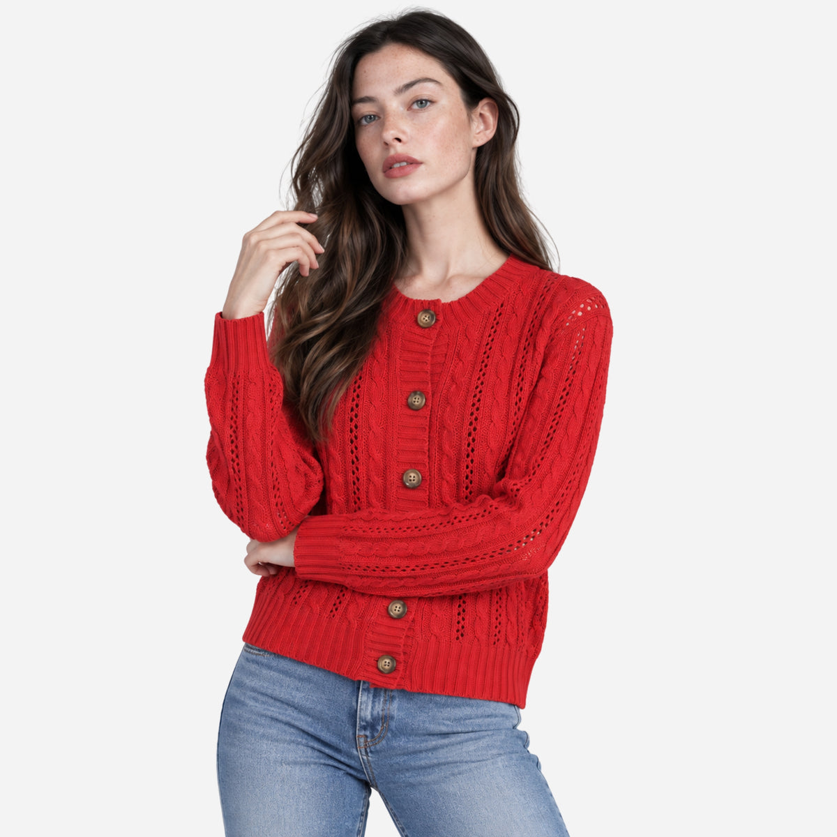 Women’s Openwork Cable-Knit Button Cardigan Jumper-Fowsa