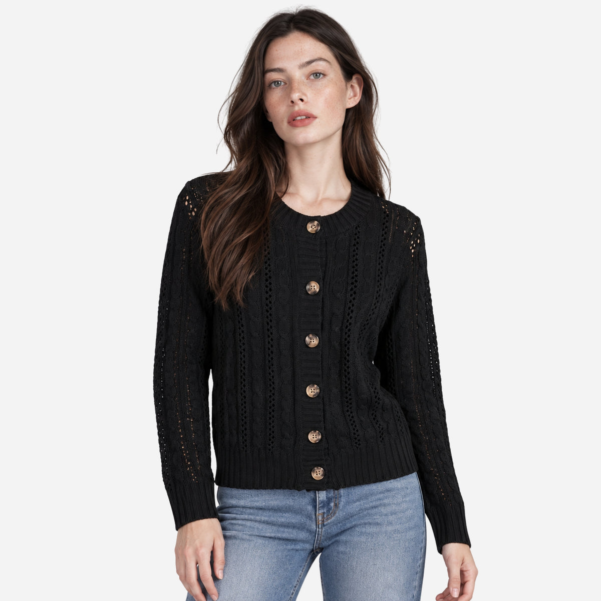 Women’s Openwork Cable-Knit Button Cardigan Jumper-Fowsa