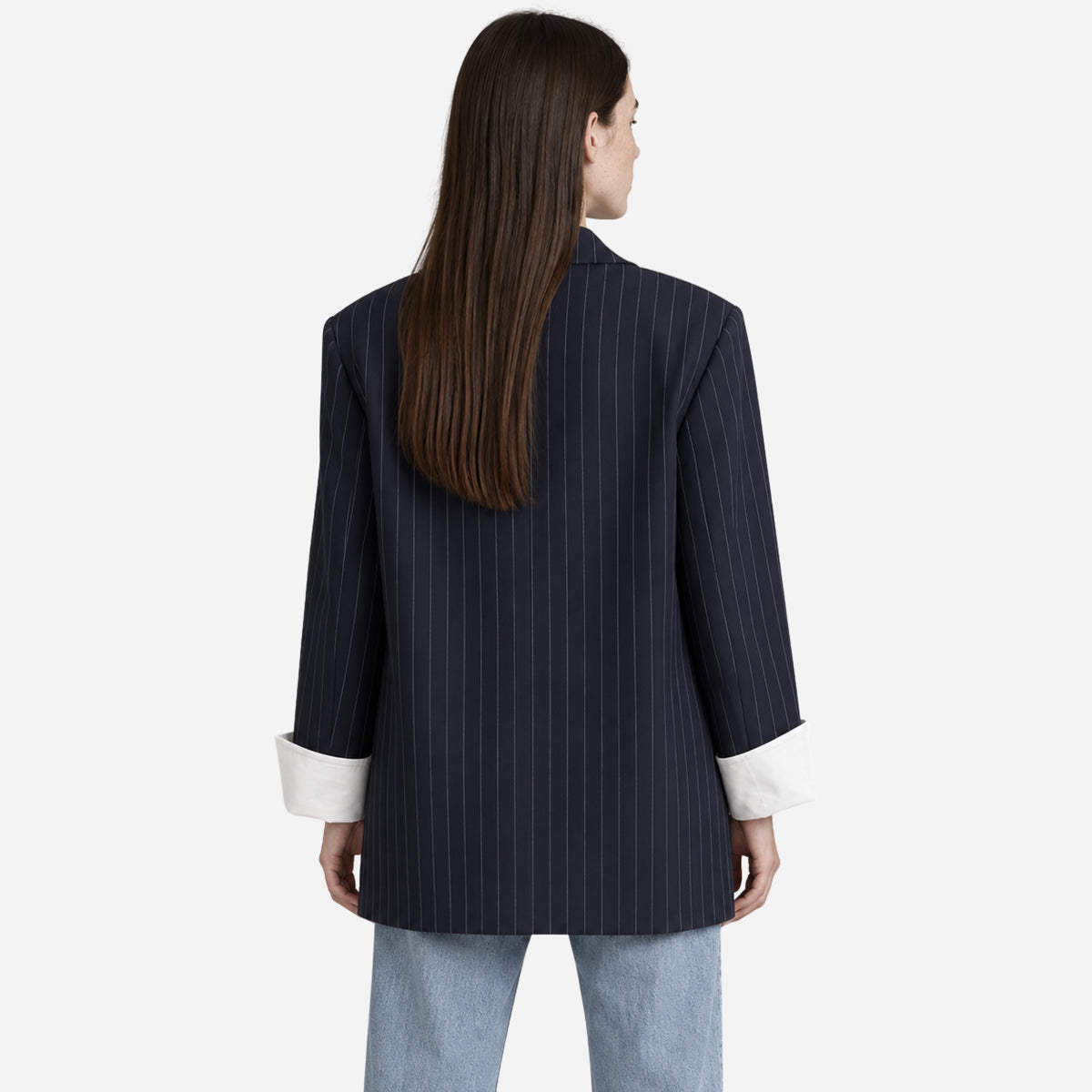 Women’s Pinstripe Contrast-Cuff Longline Blazer-Fowsa