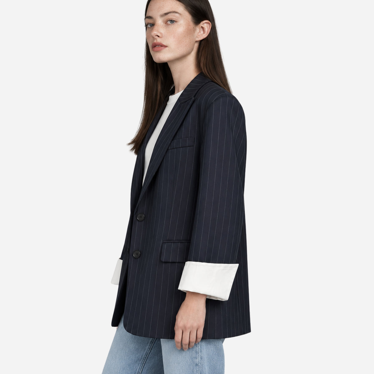 Women’s Pinstripe Contrast-Cuff Longline Blazer-Fowsa