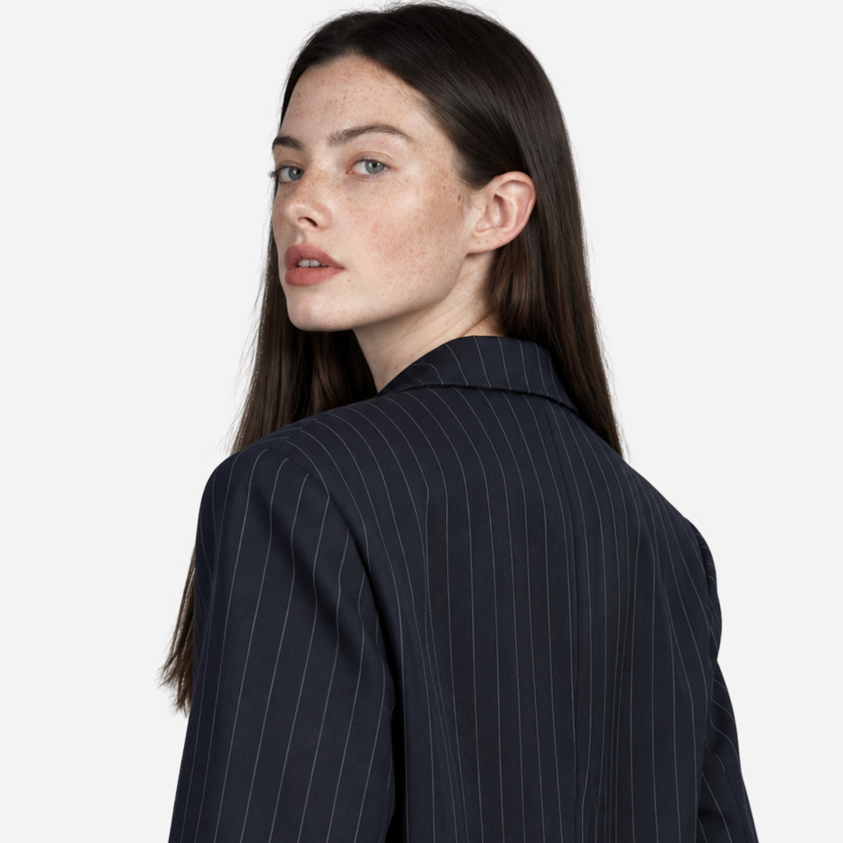 Women’s Pinstripe Contrast-Cuff Longline Blazer-Fowsa