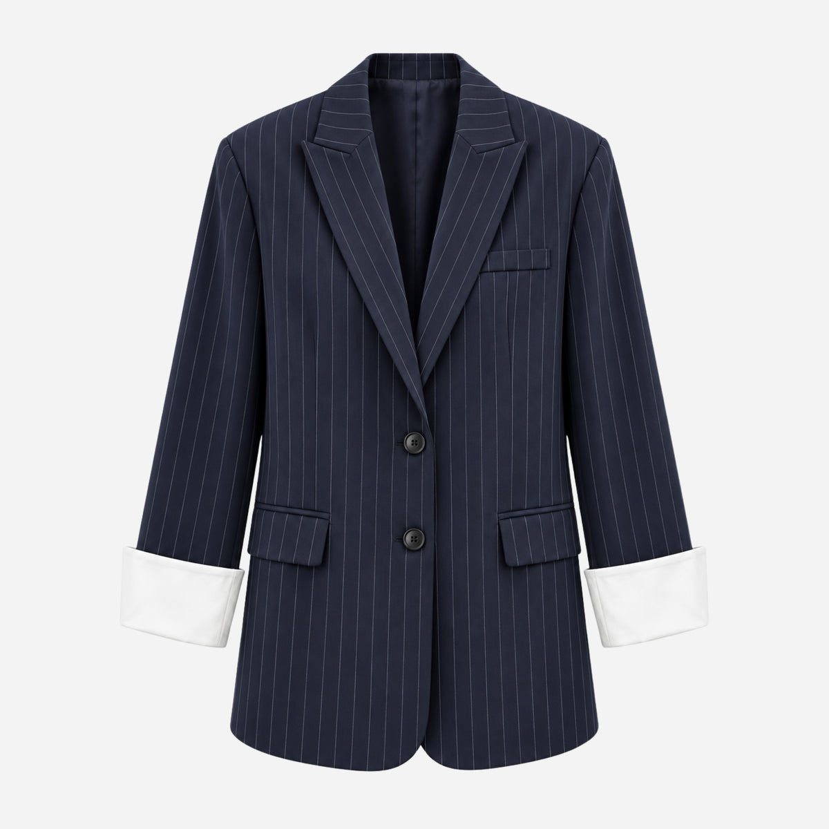 Women’s Pinstripe Contrast-Cuff Longline Blazer-Fowsa
