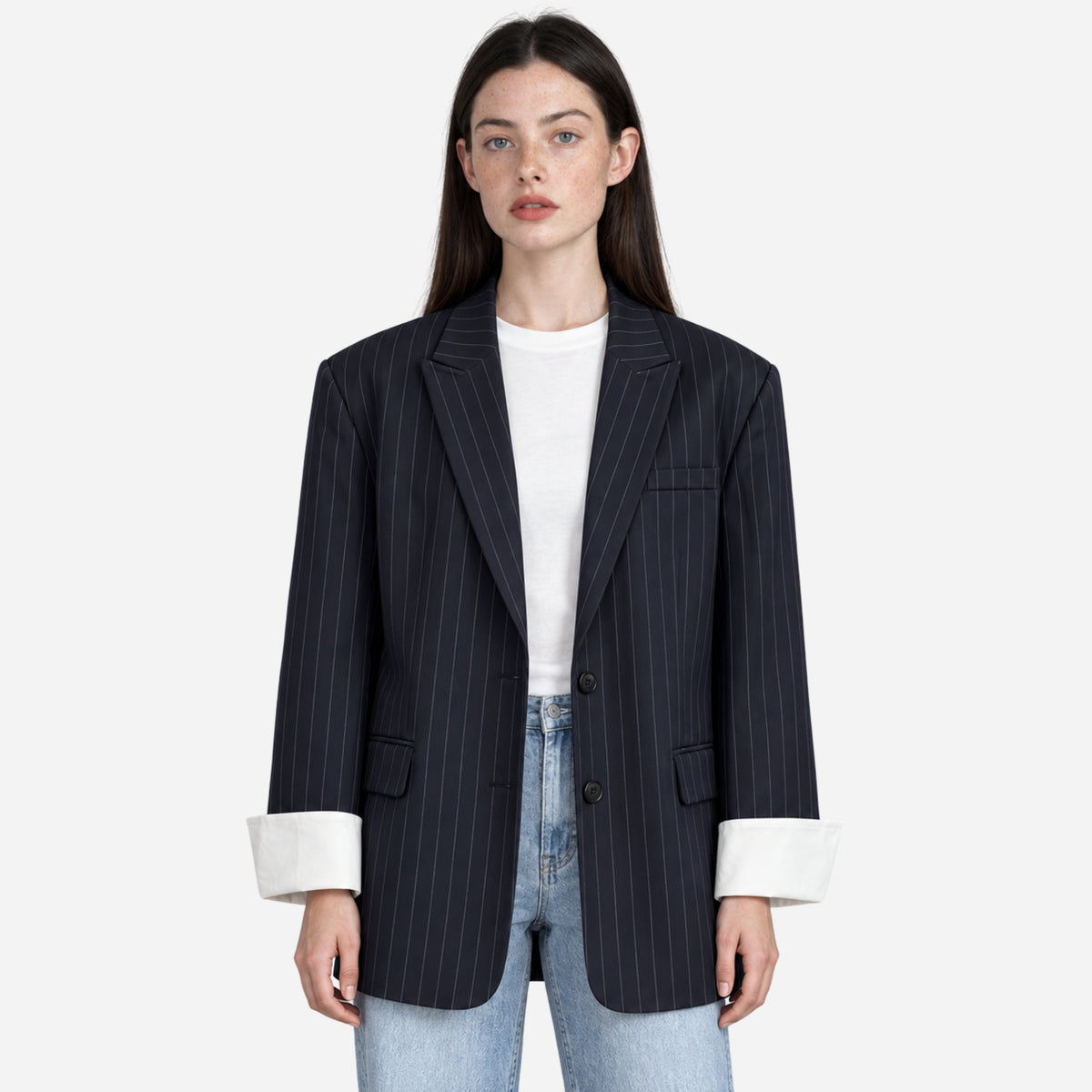 Women’s Pinstripe Contrast-Cuff Longline Blazer-Fowsa