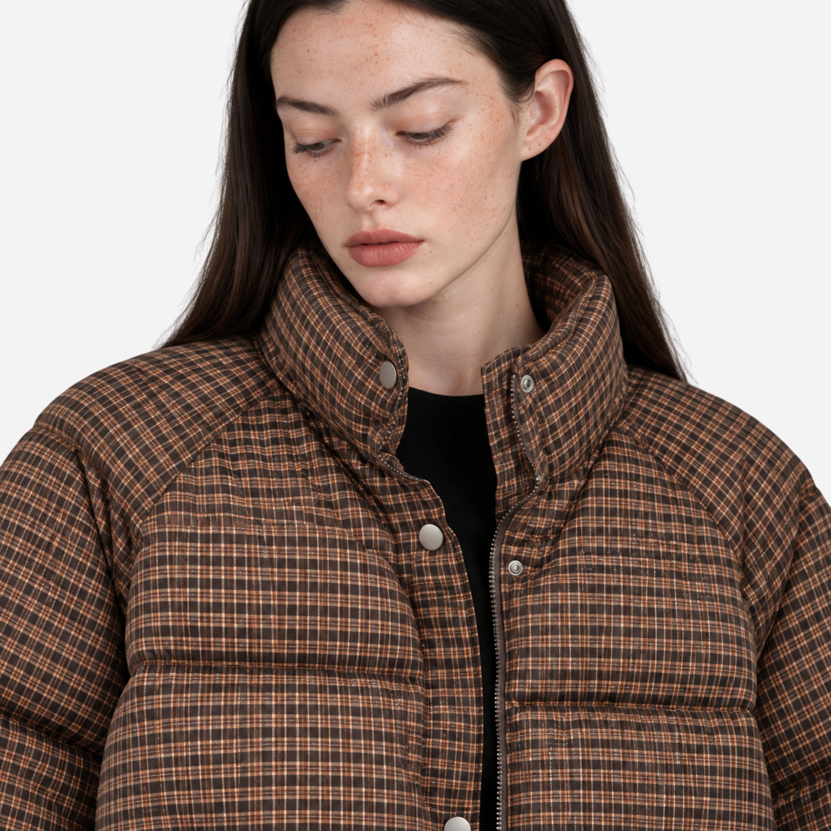 Women’s Plaid High-Neck Puffer Jacket-Fowsa