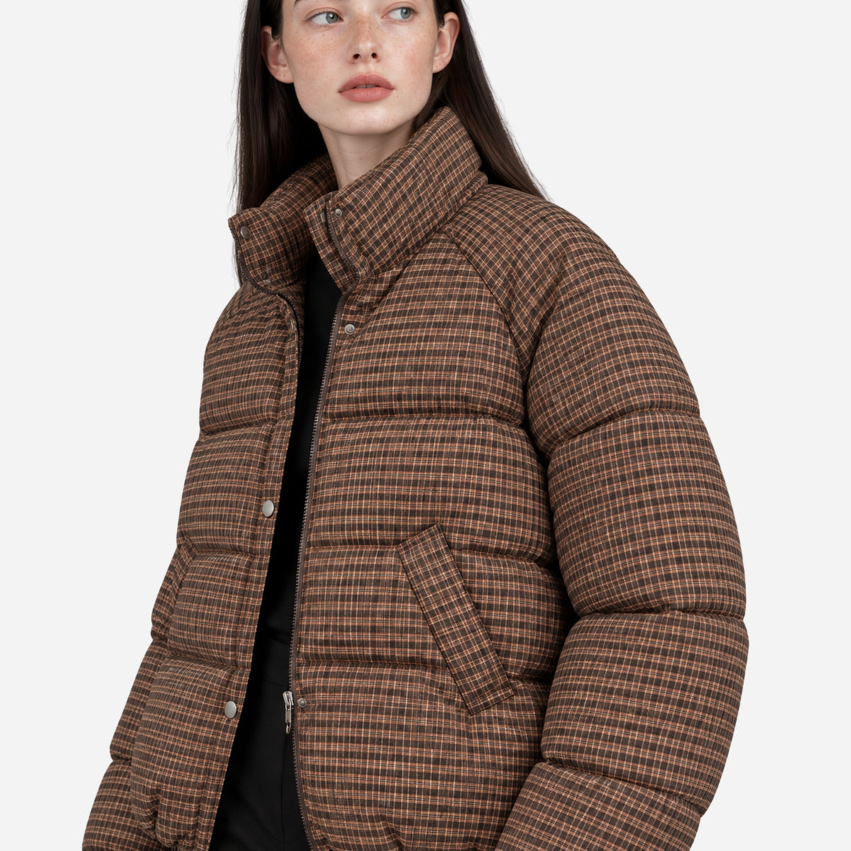 Women’s Plaid High-Neck Puffer Jacket-Fowsa