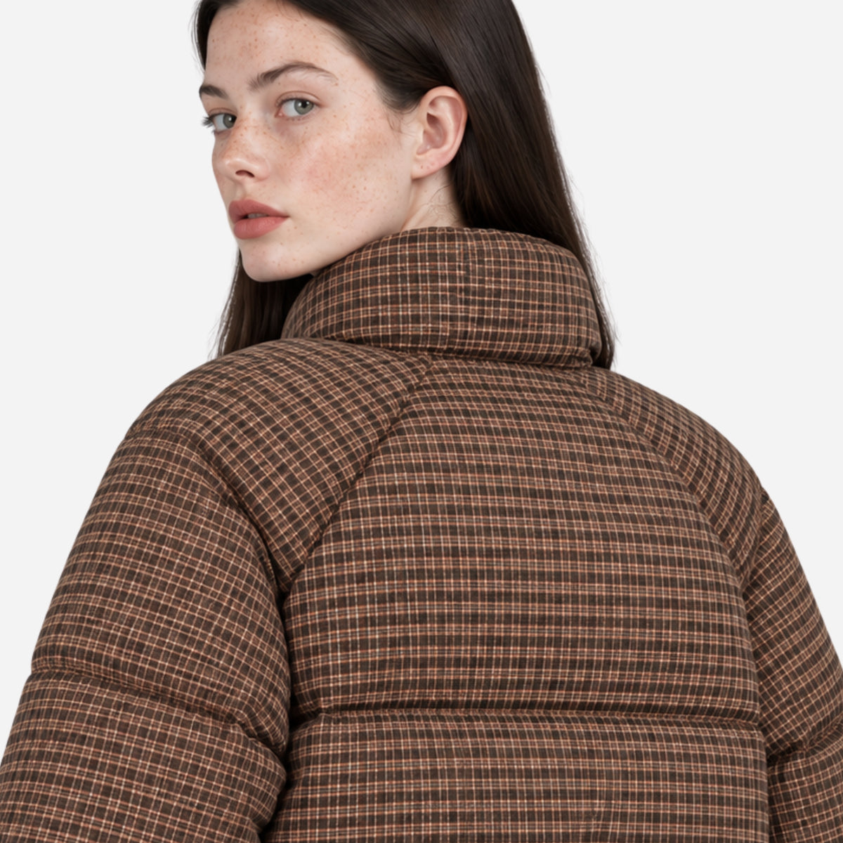 Women’s Plaid High-Neck Puffer Jacket-Fowsa