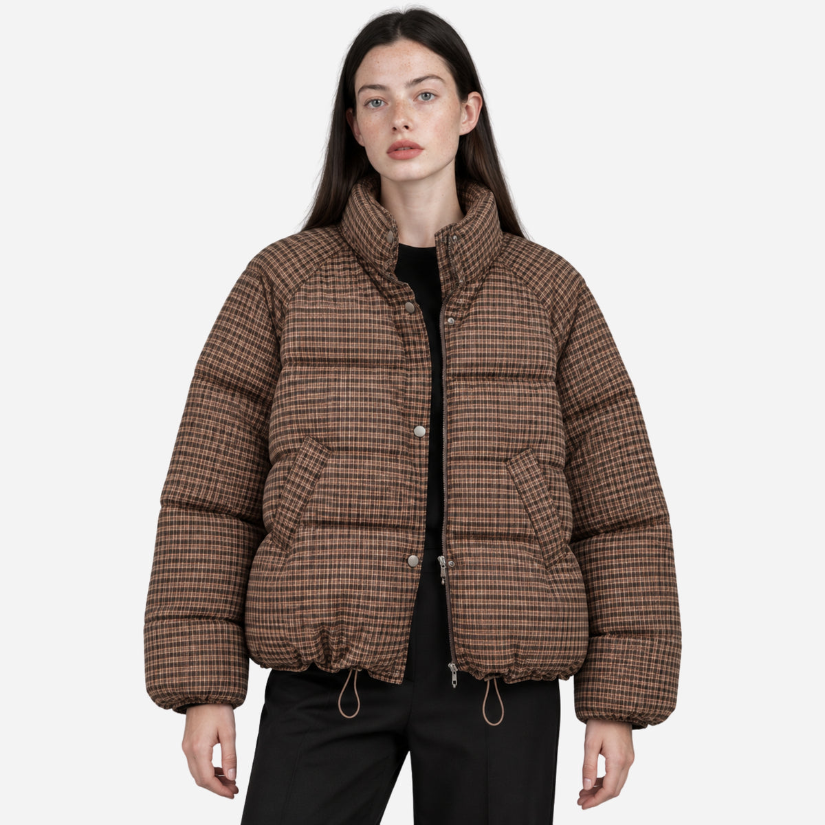 Women’s Plaid High-Neck Puffer Jacket-Fowsa