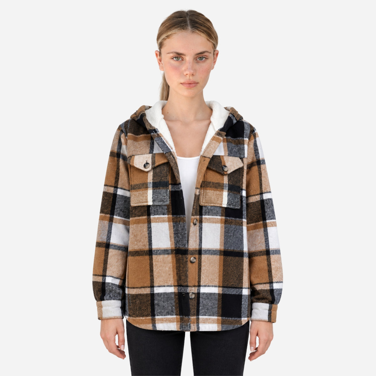 Women’s Plaid Hooded Button-Front Coat-Fowsa
