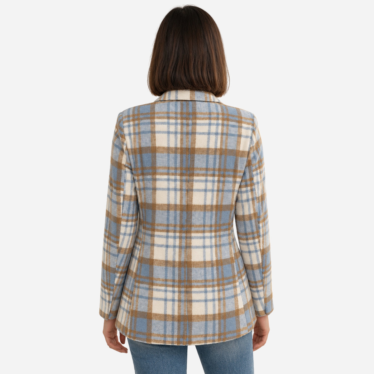 Women’s Plaid Notch-Lapel Tailored Blazer Jacket-Fowsa