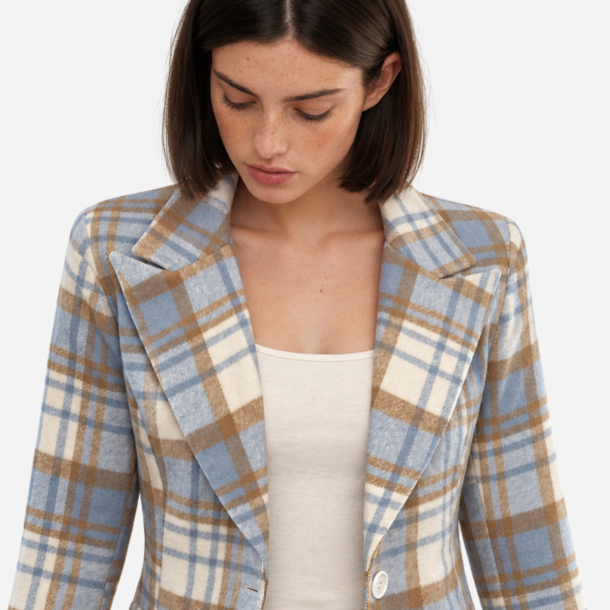 Women’s Plaid Notch-Lapel Tailored Blazer Jacket-Fowsa