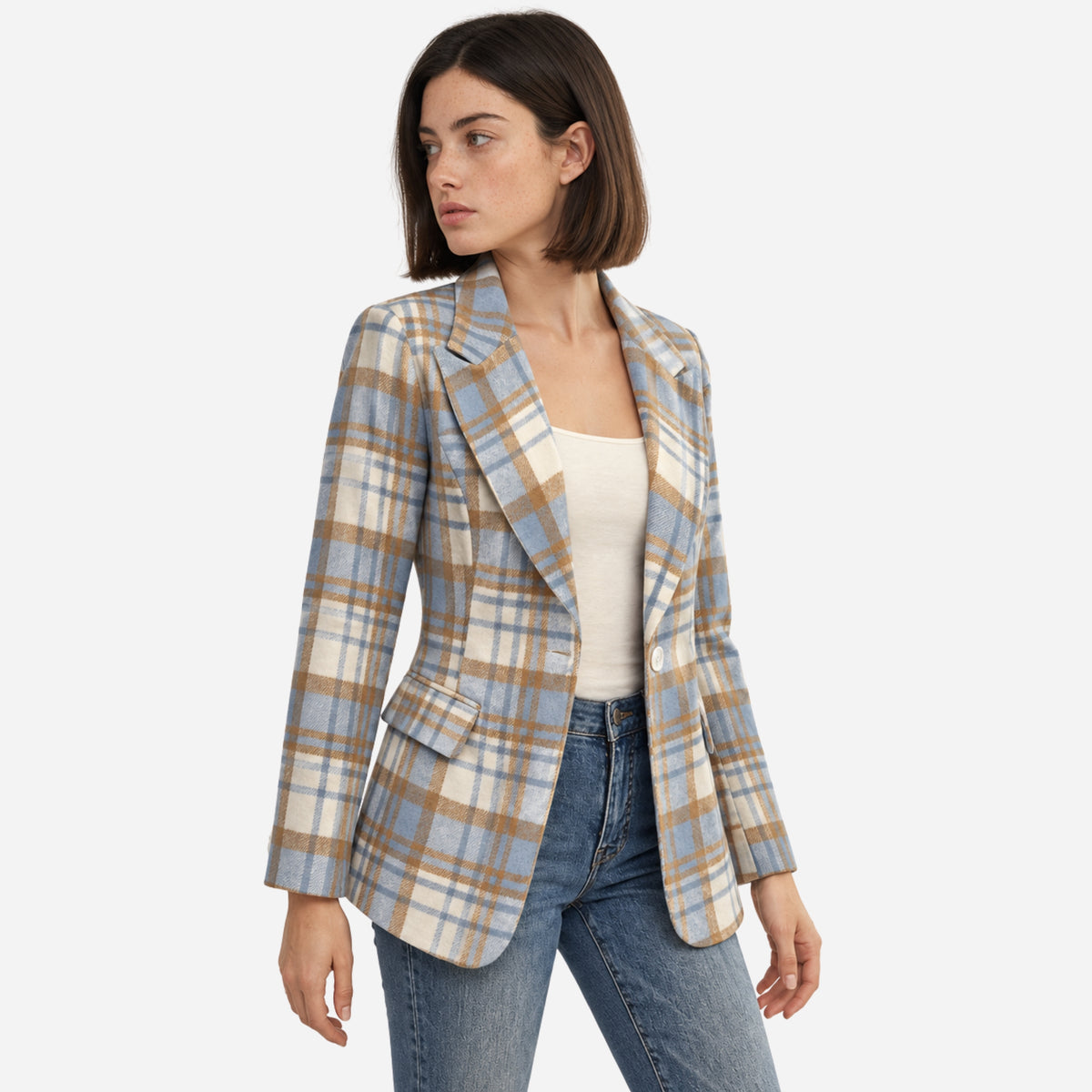 Women’s Plaid Notch-Lapel Tailored Blazer Jacket-Fowsa
