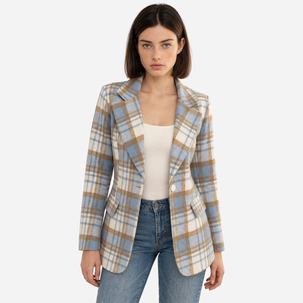 Women’s Plaid Notch-Lapel Tailored Blazer Jacket-Fowsa