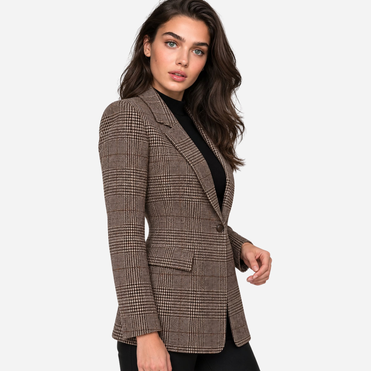 Women's Plaid Single-Button Blazer Jacket-Fowsa
