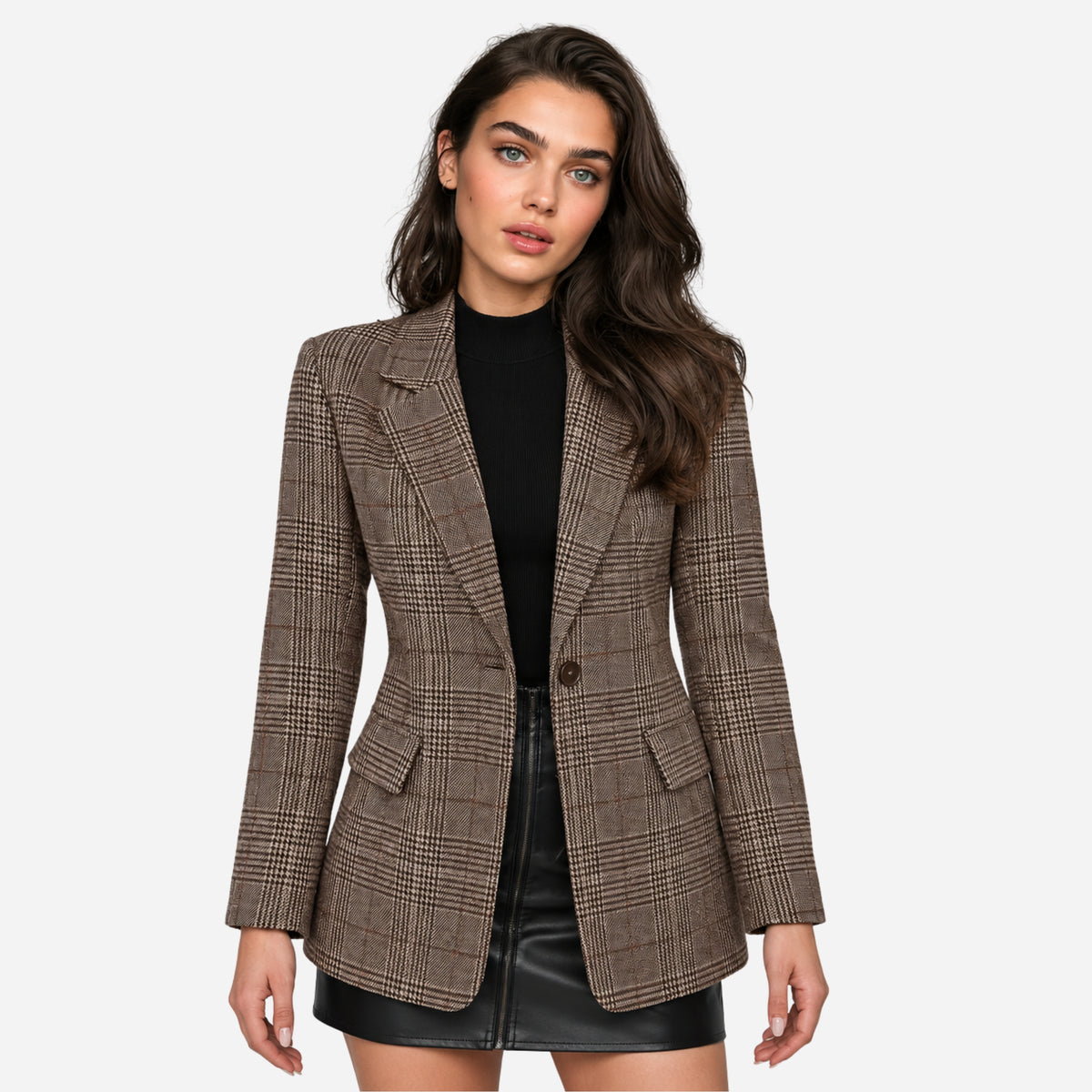 Women's Plaid Single-Button Blazer Jacket-Fowsa