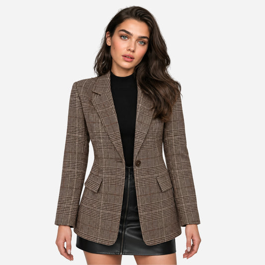 Women's Plaid Single-Button Blazer Jacket-Fowsa
