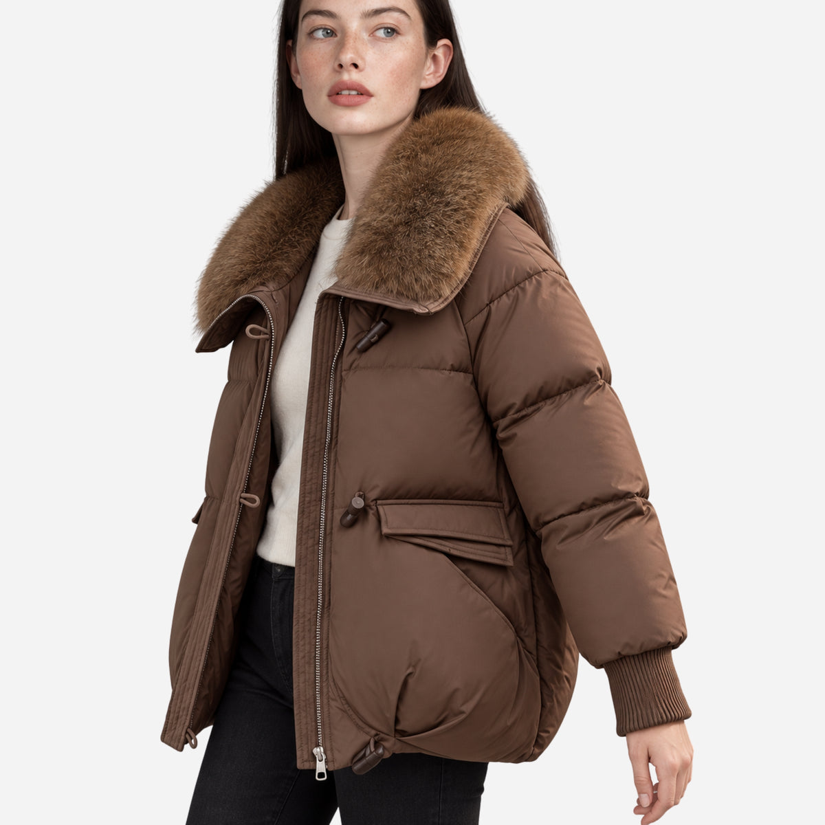 Women’s Plush-Collar Toggle-Fastening Puffer Jacket-Fowsa