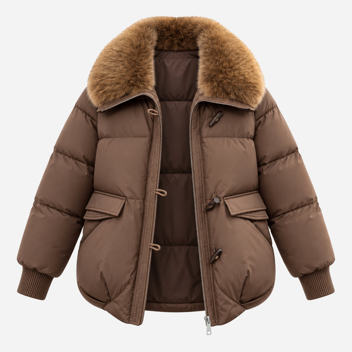 Women’s Plush-Collar Toggle-Fastening Puffer Jacket-Fowsa