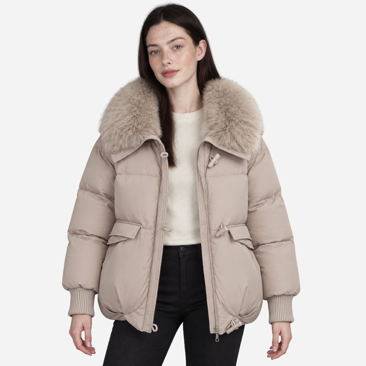 Women’s Plush-Collar Toggle-Fastening Puffer Jacket-Fowsa