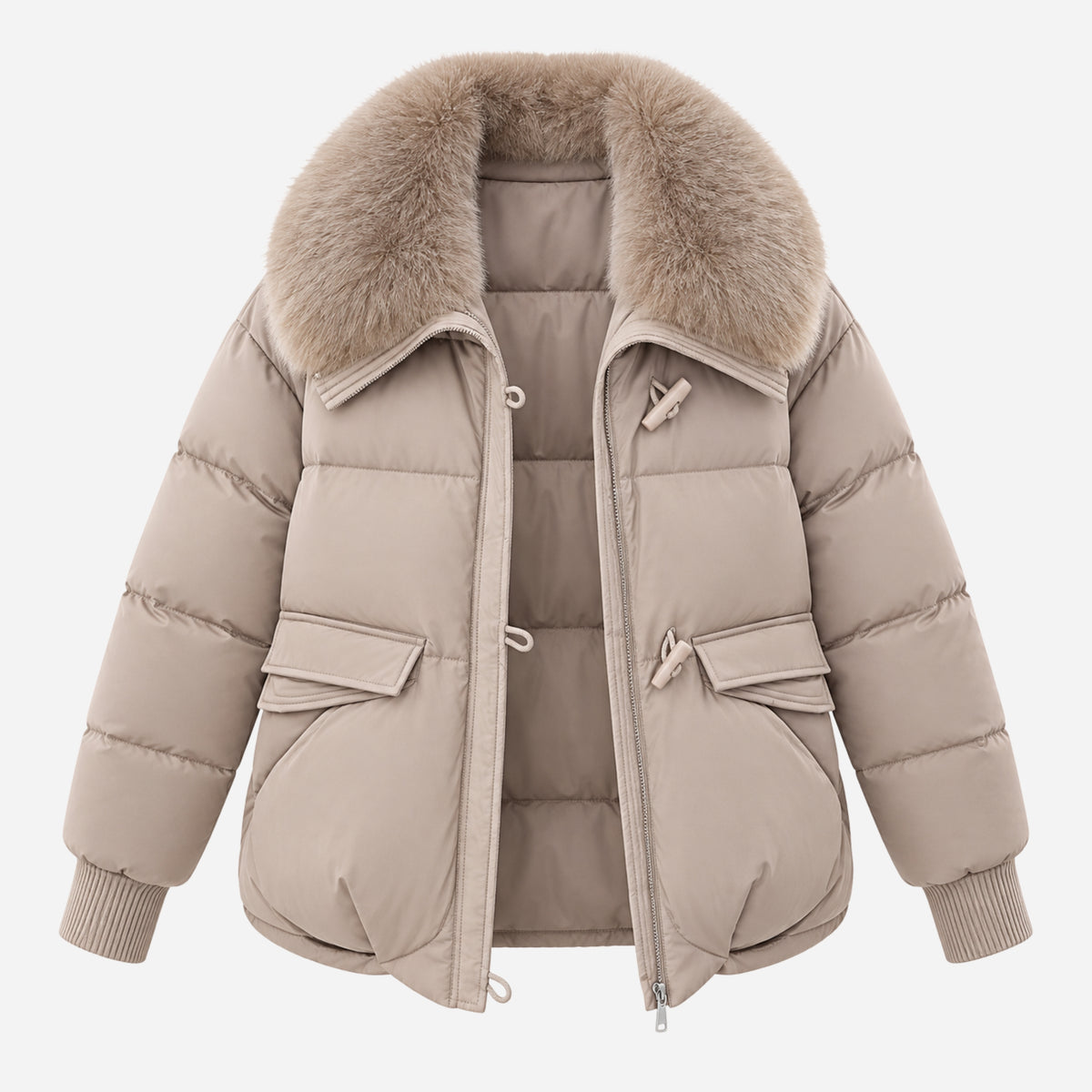Women’s Plush-Collar Toggle-Fastening Puffer Jacket-Fowsa