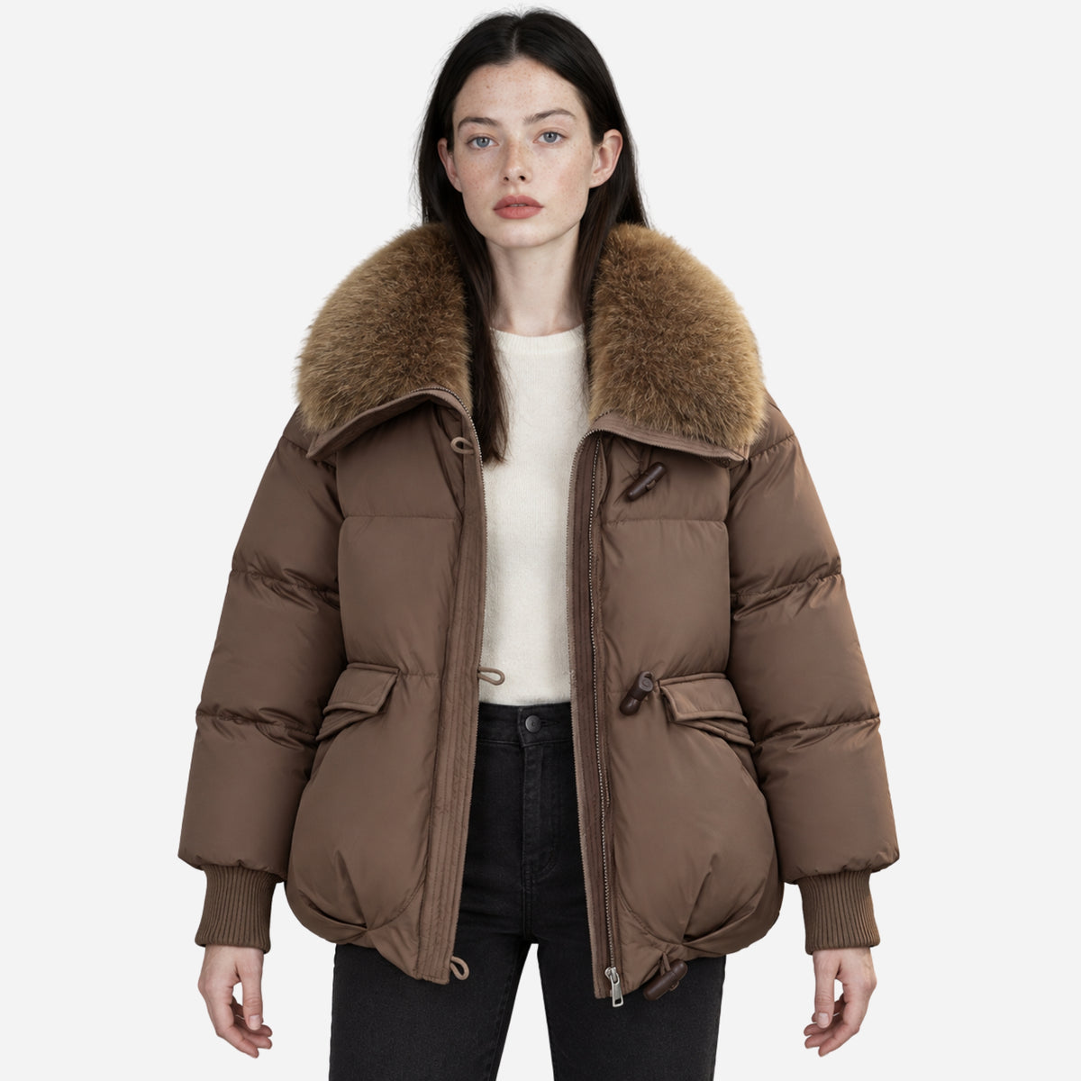 Women’s Plush-Collar Toggle-Fastening Puffer Jacket-Fowsa