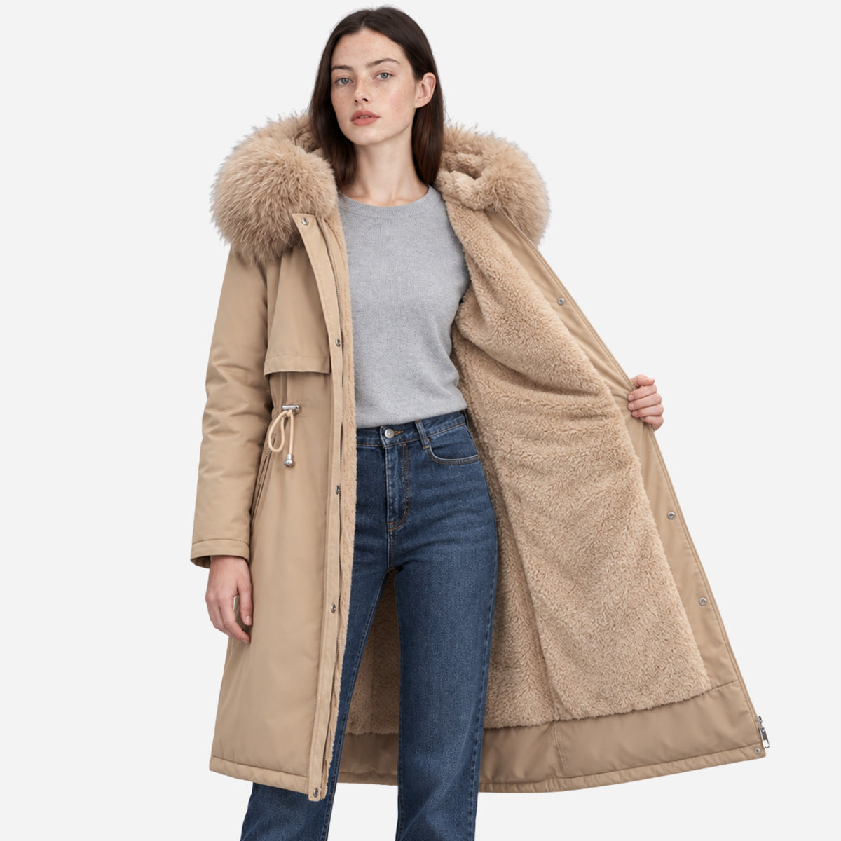 Women’s Plush-Lined Hooded Long Winter Coat-Fowsa