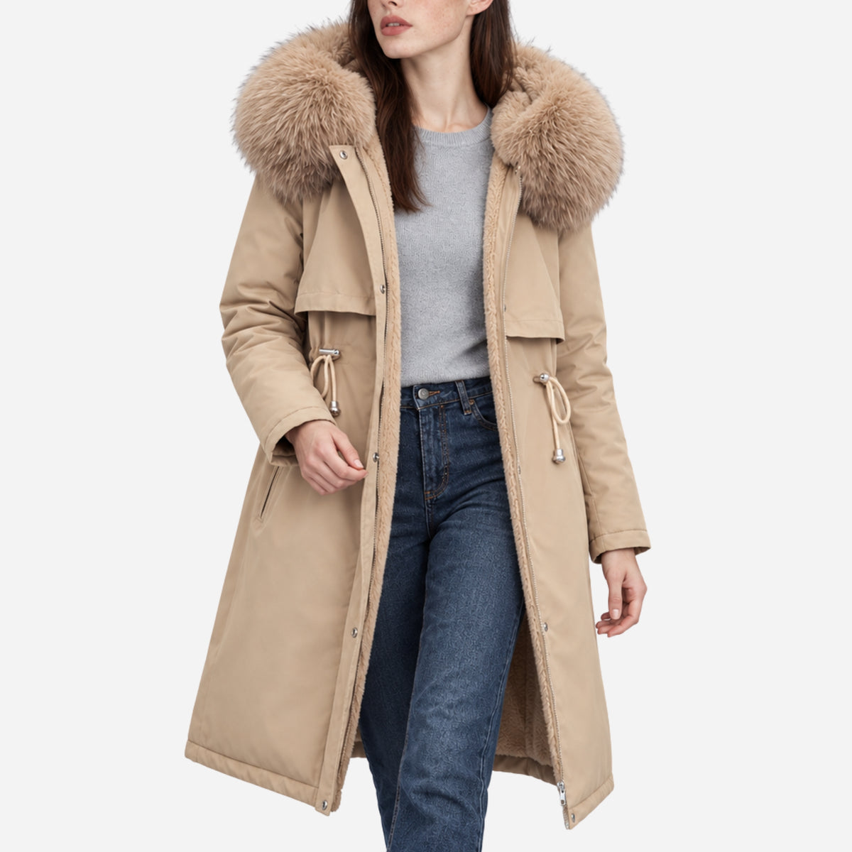 Women’s Plush-Lined Hooded Long Winter Coat-Fowsa