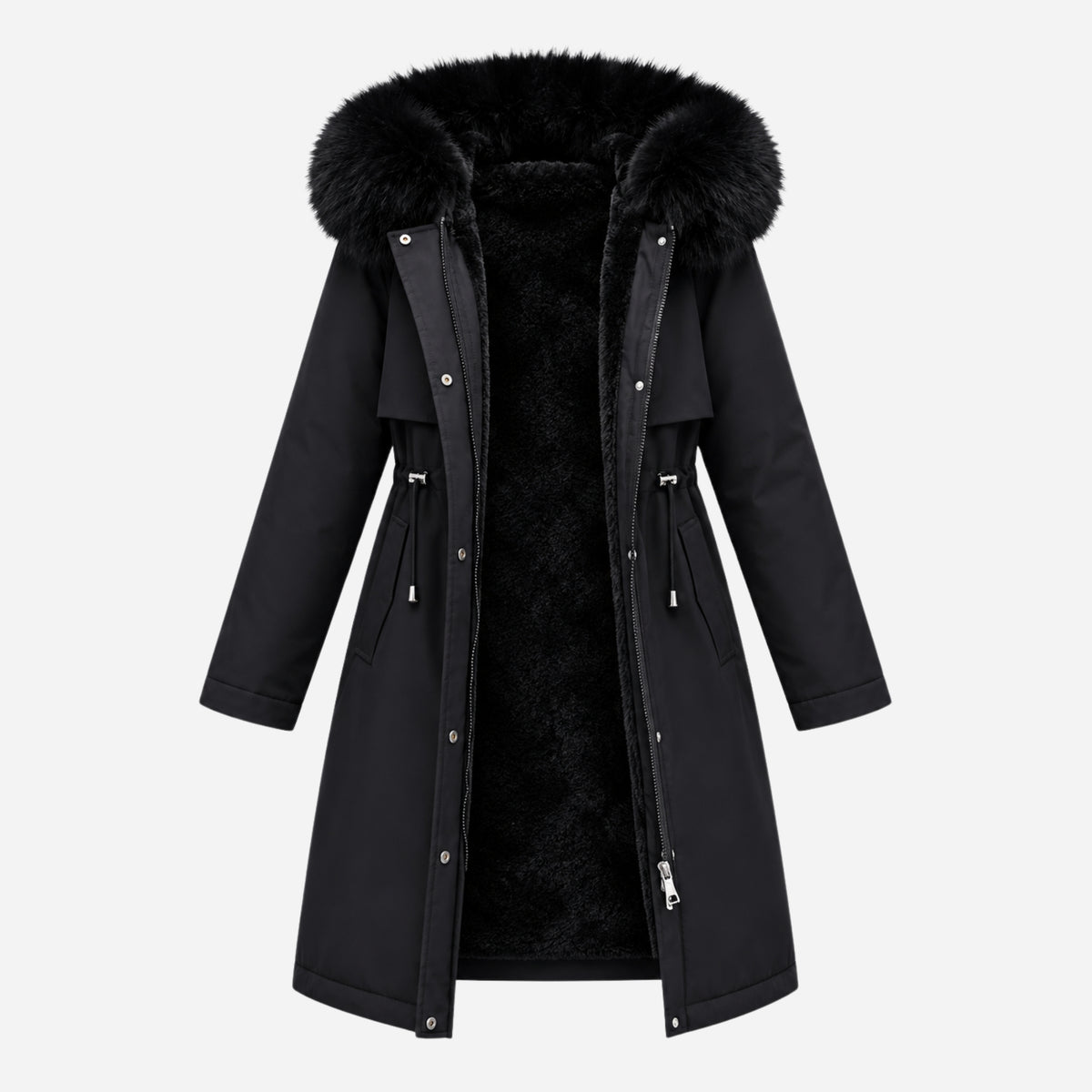 Women’s Plush-Lined Hooded Long Winter Coat-Fowsa