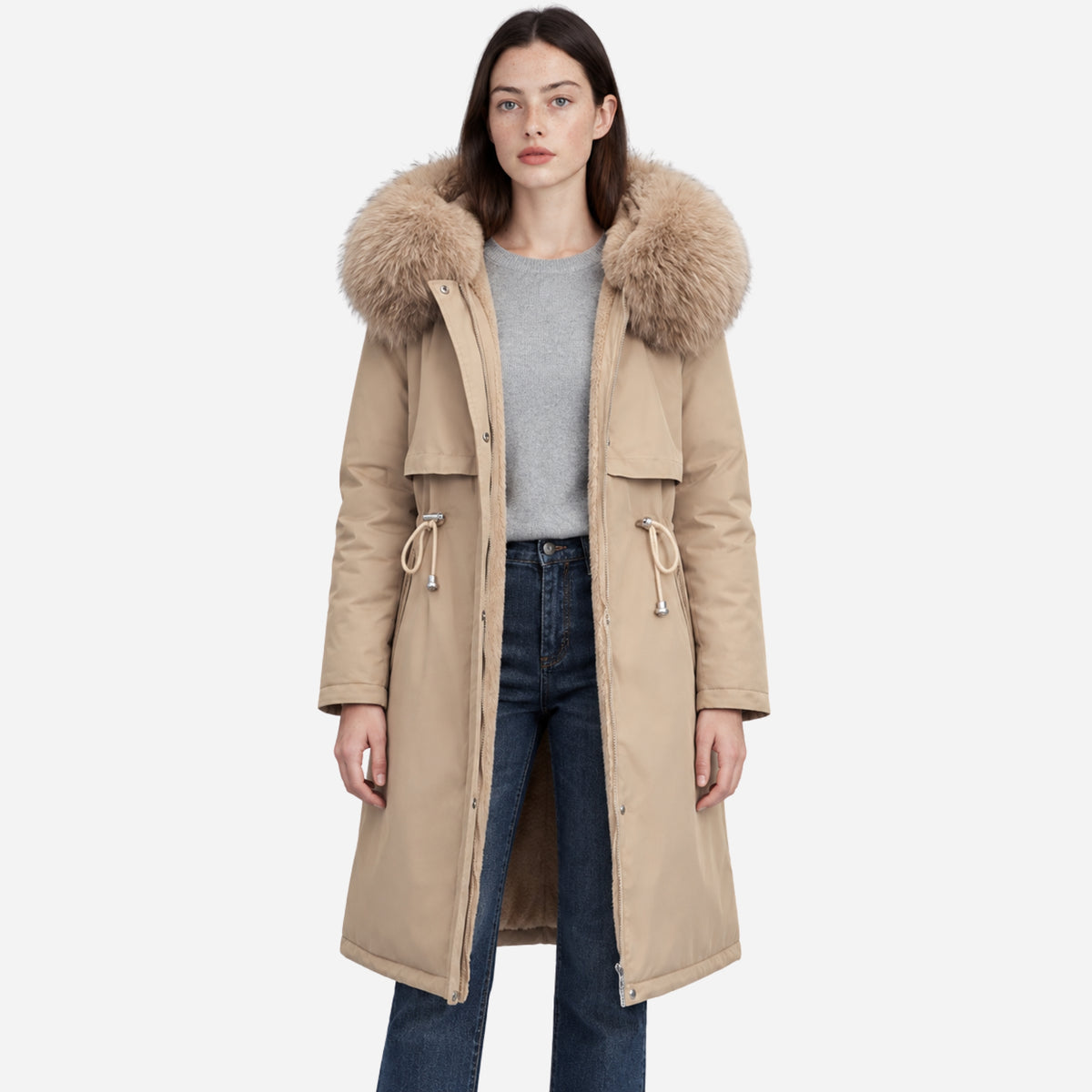 Women’s Plush-Lined Hooded Long Winter Coat-Fowsa