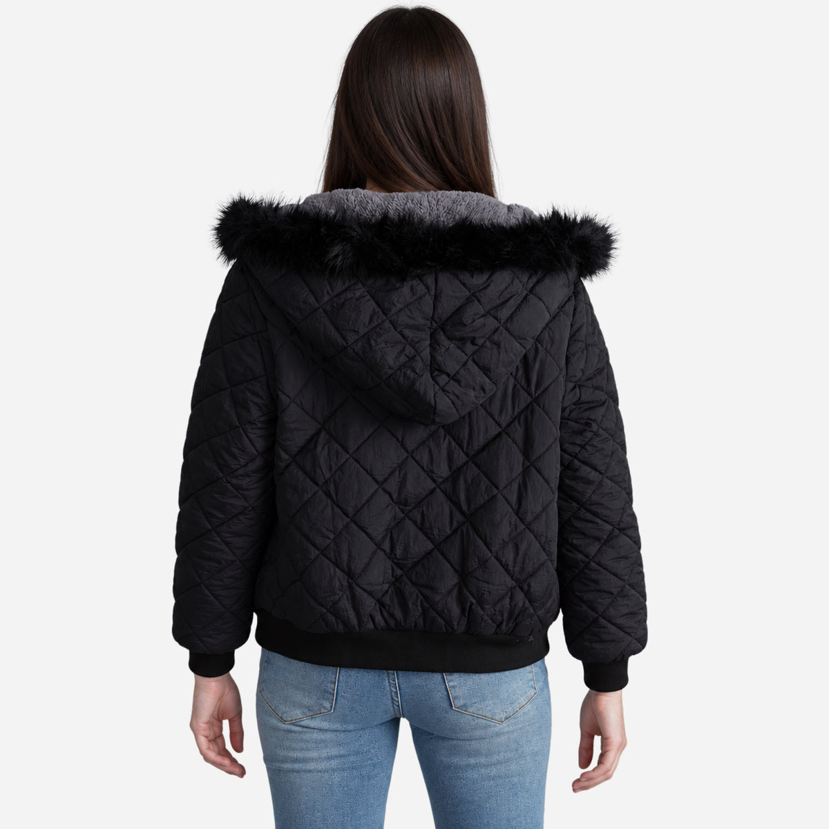 Women’s Plush-Lined Hooded Quilted Bomber Jacket-Fowsa