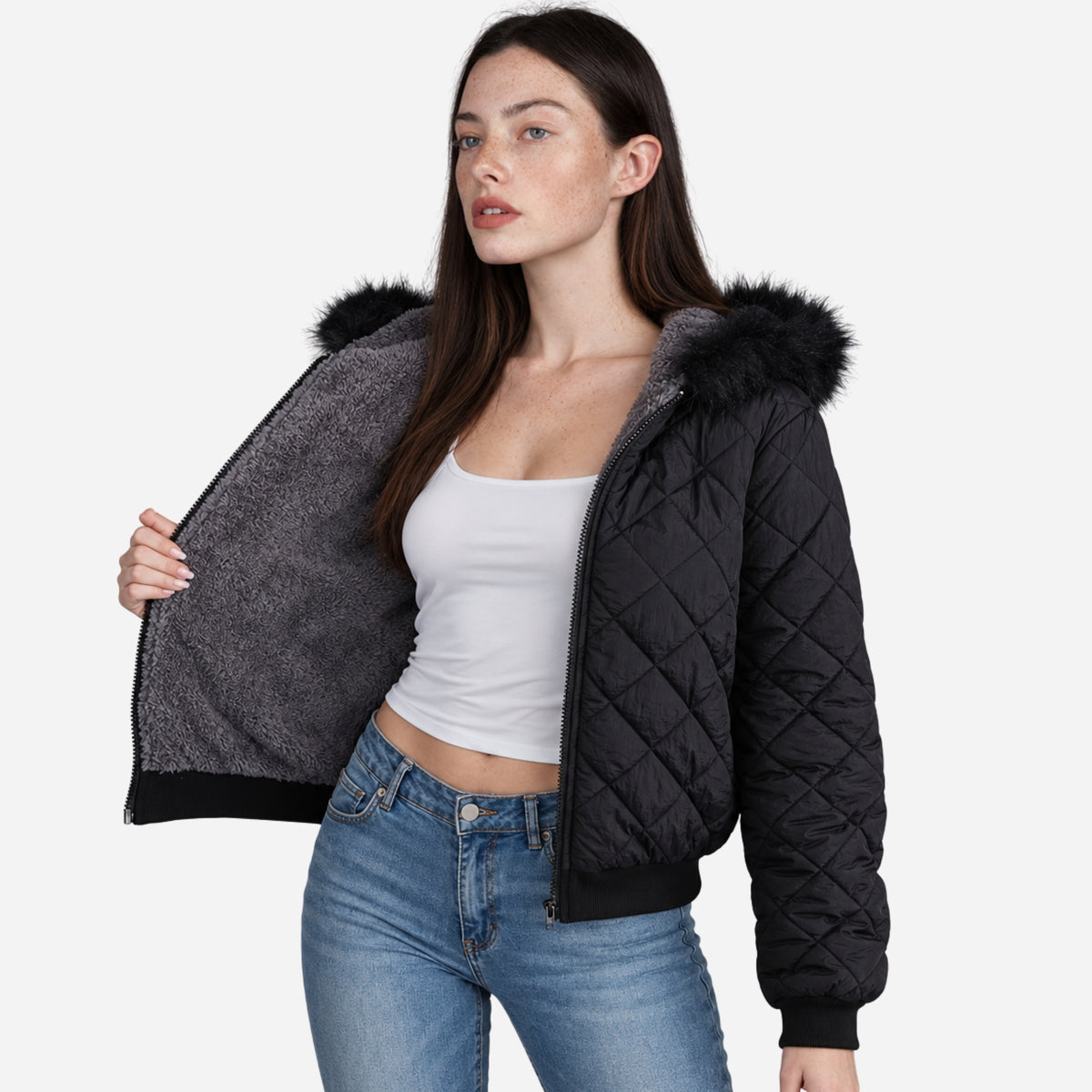 Women’s Plush-Lined Hooded Quilted Bomber Jacket-Fowsa