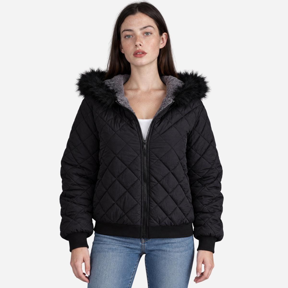 Women’s Plush-Lined Hooded Quilted Bomber Jacket-Fowsa