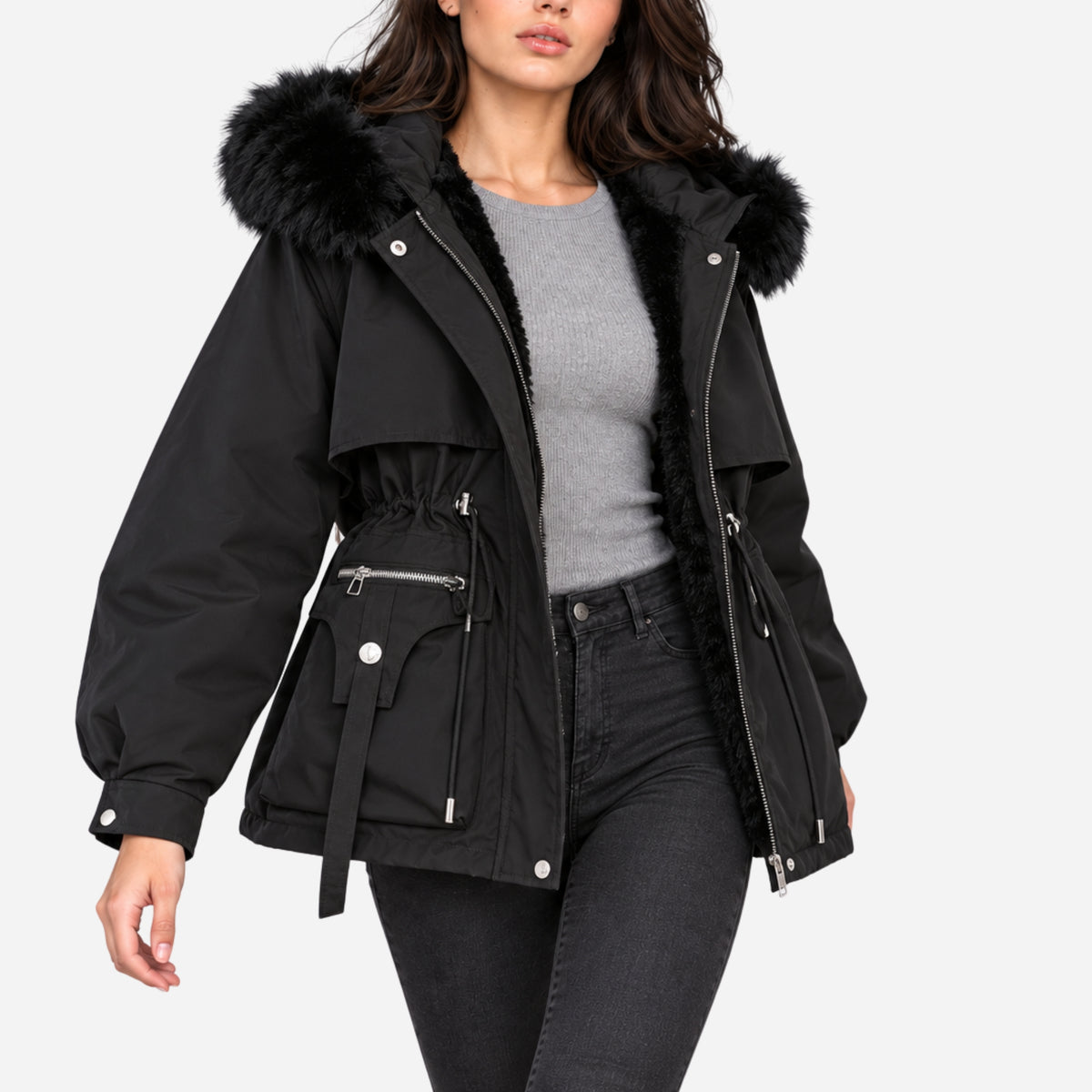 Women’s Plush-Lined Hooded Winter Parka Jacket-Fowsa
