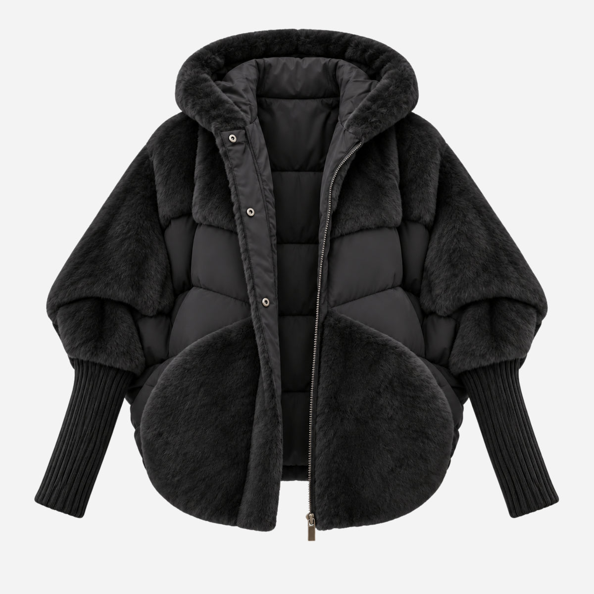 Women’s Plush-Panel Batwing Hooded Puffer Jacket-Fowsa