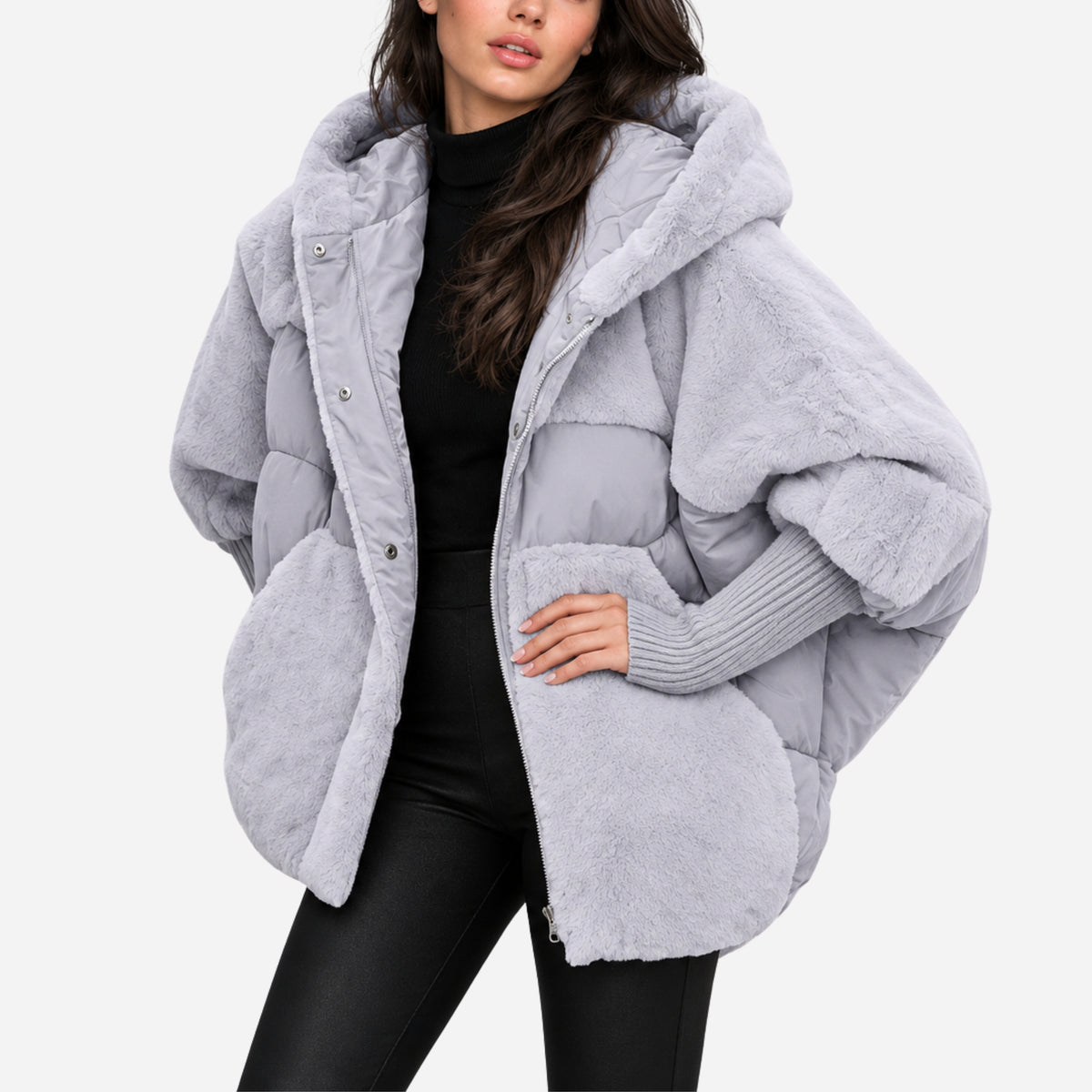 Women’s Plush-Panel Batwing Hooded Puffer Jacket-Fowsa