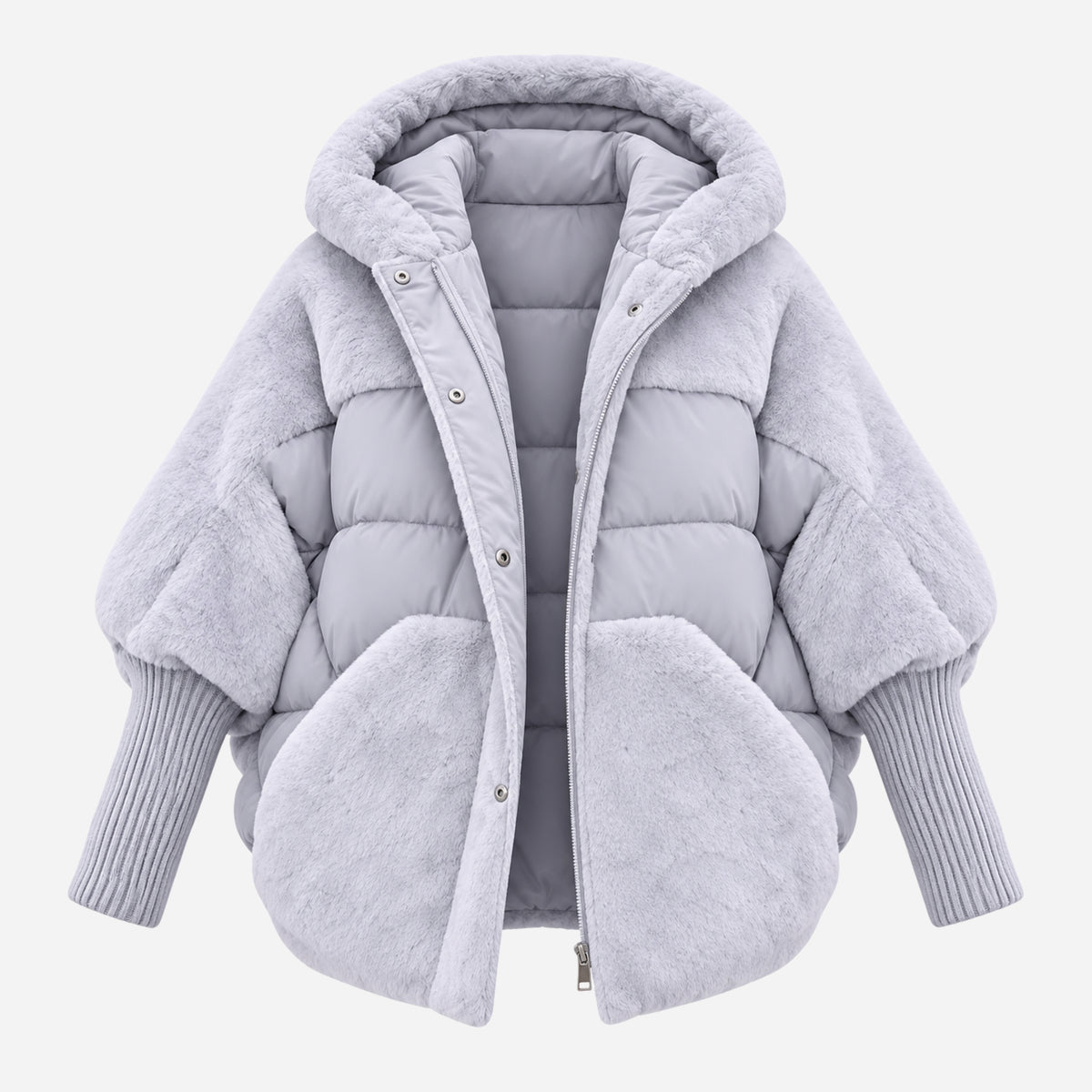 Women’s Plush-Panel Batwing Hooded Puffer Jacket-Fowsa