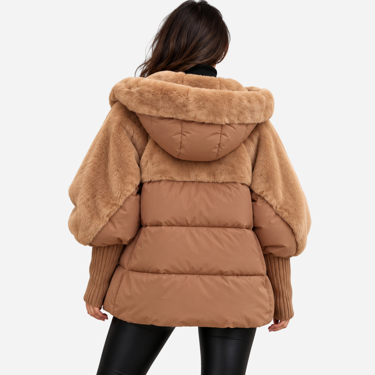 Women’s Plush-Panel Batwing Hooded Puffer Jacket-Fowsa