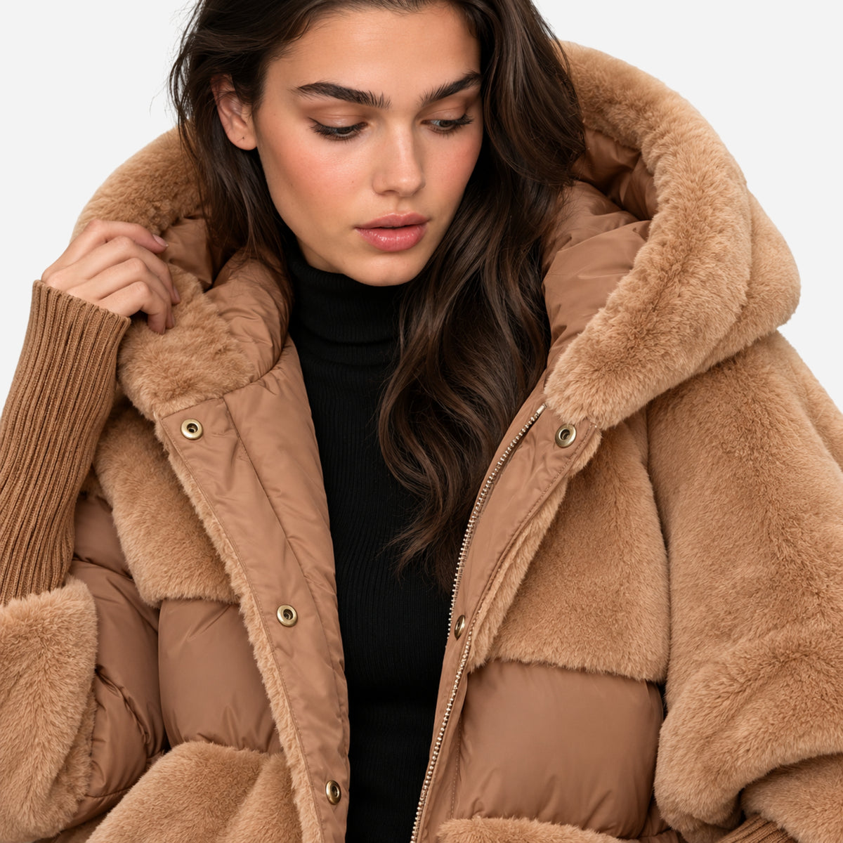 Women’s Plush-Panel Batwing Hooded Puffer Jacket-Fowsa