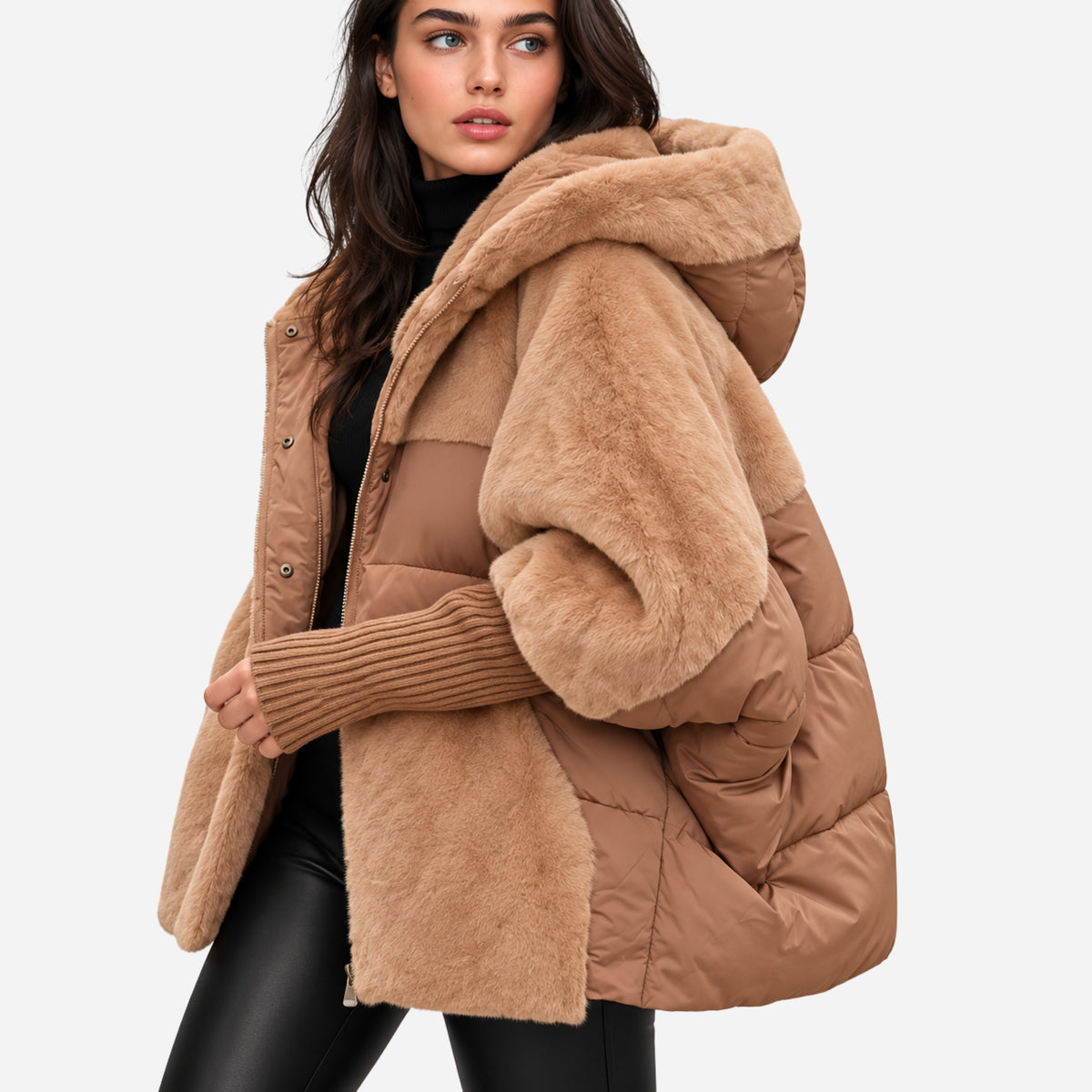 Women’s Plush-Panel Batwing Hooded Puffer Jacket-Fowsa